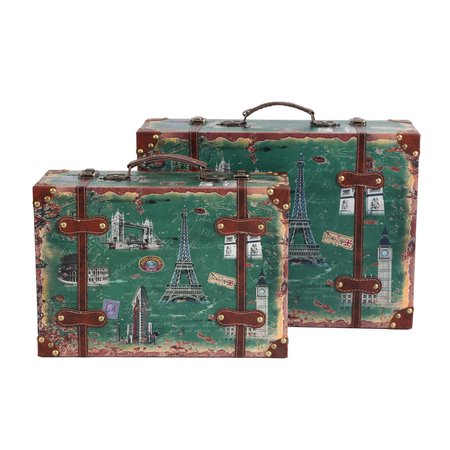 Vintiquewise European Landmarks Vintage Wooden Luggage with Leather Straps and Handle, PK 2 QI003615.2